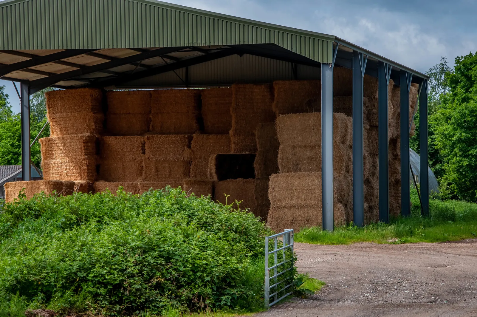 Steel framed hay barn stacked with straw bales under a green roof